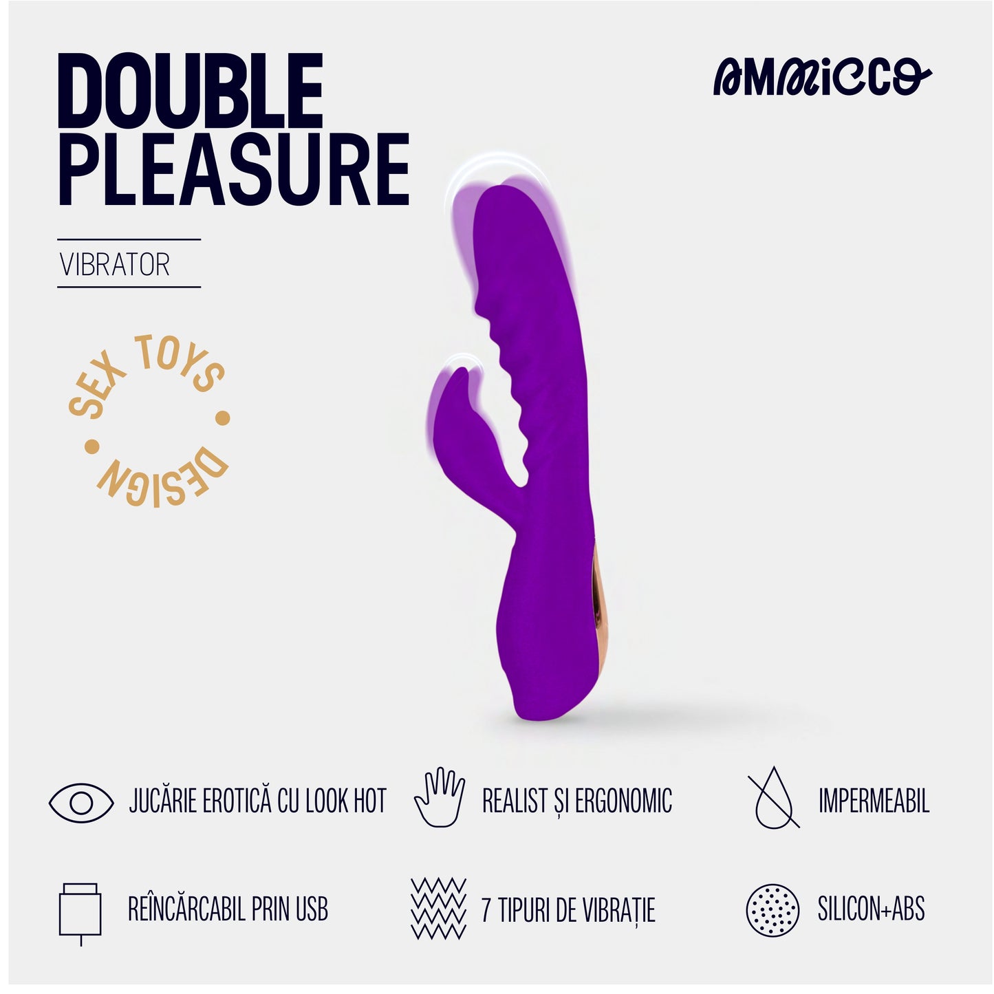 Vibrator dublu cu funcție de încălzire, Double Pleasure, Ammicco