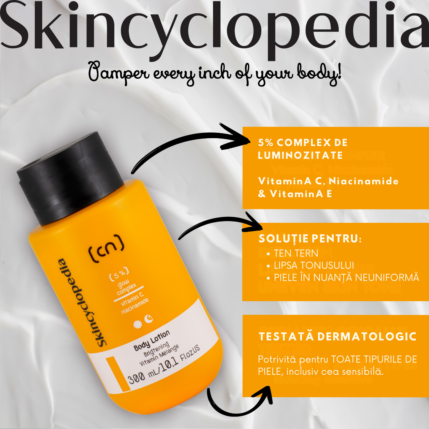 Loțiune de corp iluminatoare cu vitamina C și niacinamidă, Skincyclopedia, 300 ml