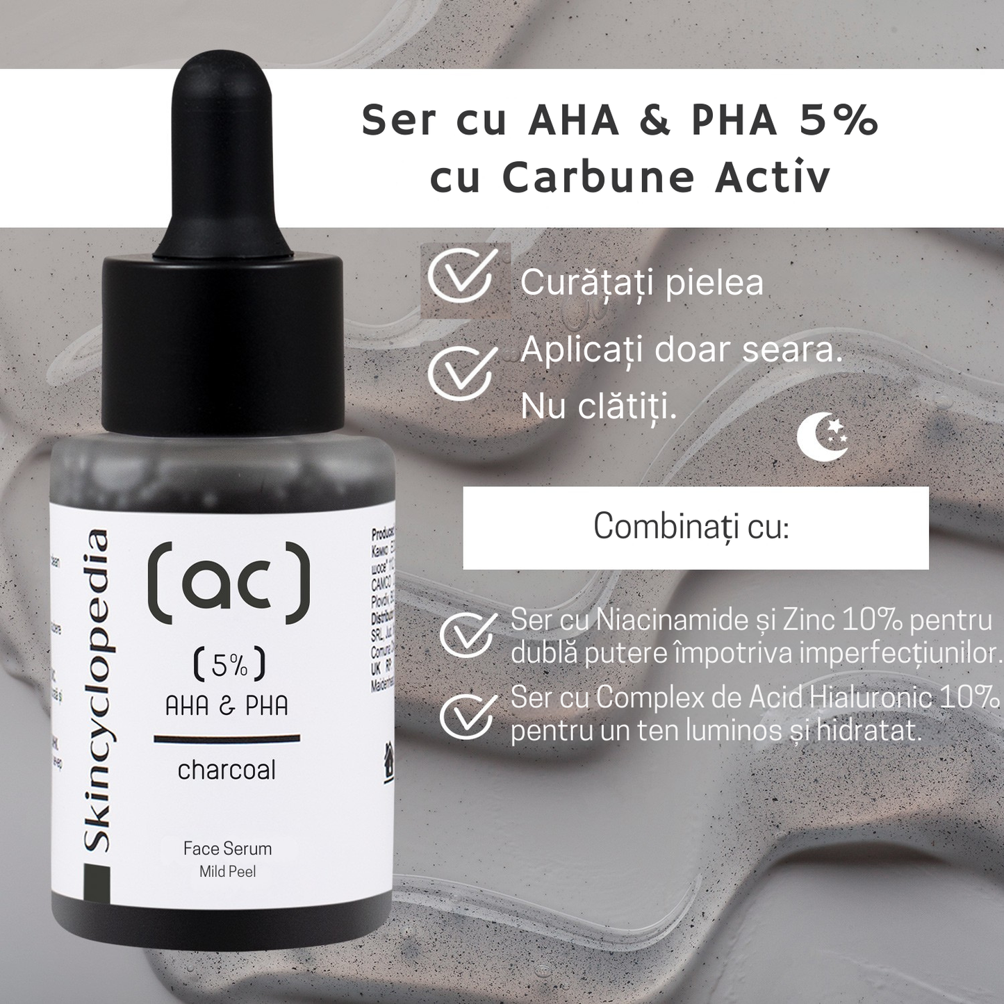 Ser facial exfoliant cu cărbune activ și 5% AHA & PHA, Skincyclopedia, 30 ml